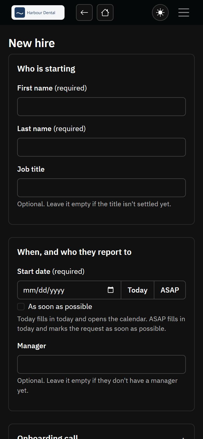 The client portal on a phone: the first part of the new-hire request form