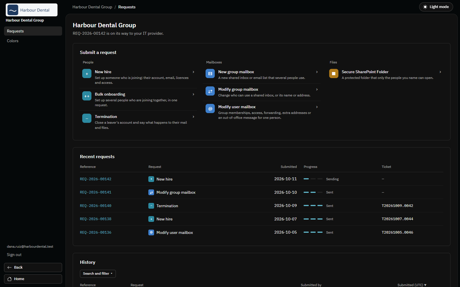 A client's control panel: request types grouped by people, mailboxes and files, and recent requests with their progress and ticket numbers