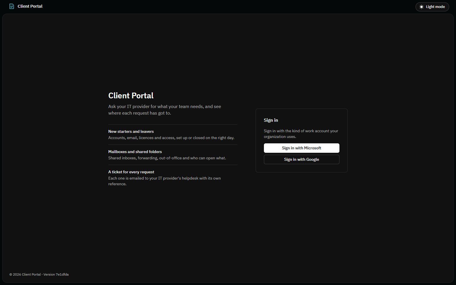 The sign-in page, with Sign in with Microsoft and Sign in with Google buttons
